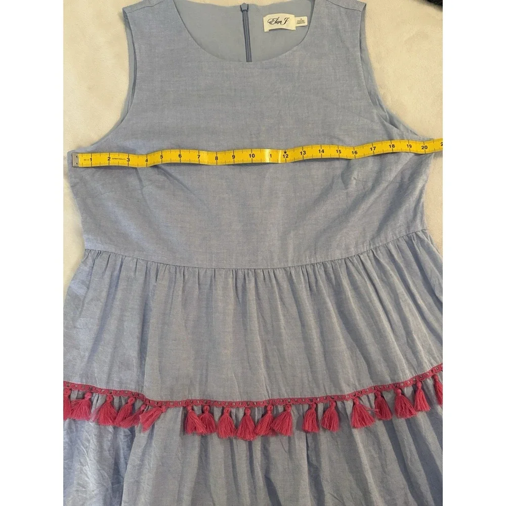 Eliza J Dress Size 14 Blue Chambray Pink Tassels Sleeveless Tiered Dress Preppy - Picture 9 of 9